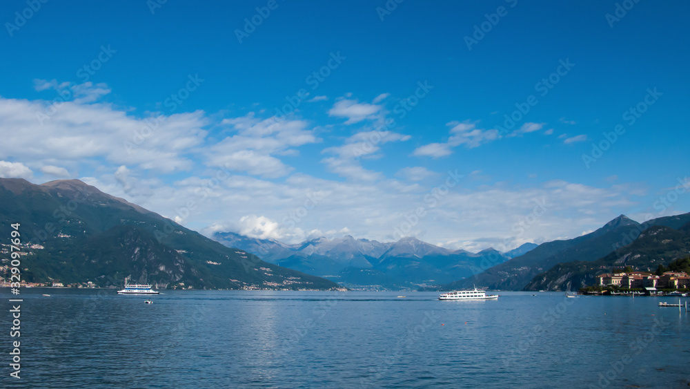 panoramic view of the lake and Alps, Bellagio, villa Melzi, Como lake, Lombardy, Italy