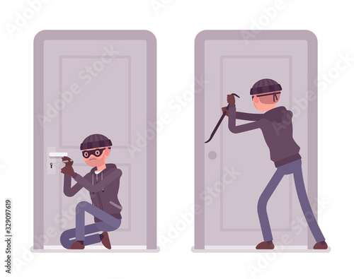 Thief trying to break into the door. Masked housebreaker working with a burglary tool, master key, pickaxe, home and office security concept. Vector flat style cartoon illustration