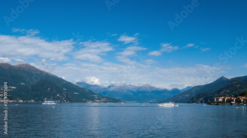 panoramic view of the lake and Alps, Bellagio, villa Melzi, Como lake, Lombardy, Italy
