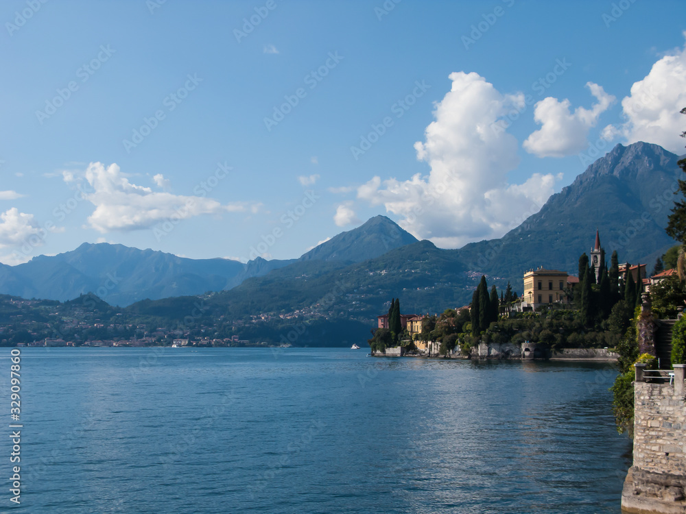 panoramic view of Lake Como and mountains, villa Monastero, Varenna, Como lake, Lombardy, Italy