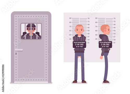 Jailed thief and a criminal mugshot. Imprisoned masked bandit, arrested suspect man photo, measurement for identification in police station office. Vector flat style cartoon illustration