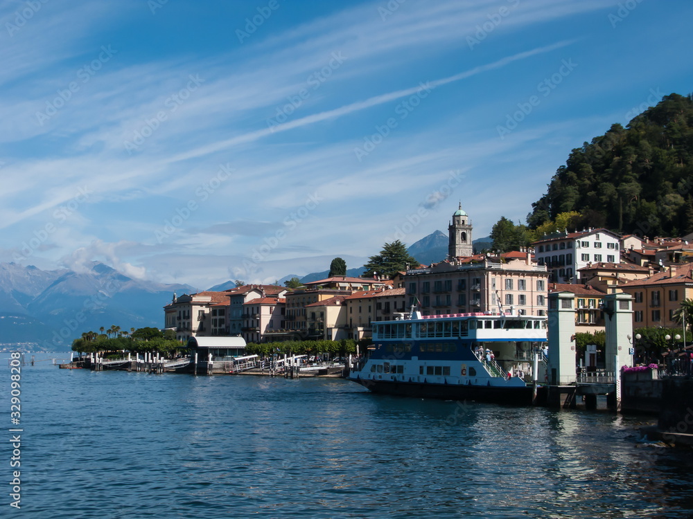 panoramic view of the lake, Alps and Bellagio city, Como lake, Lombardy, Italy