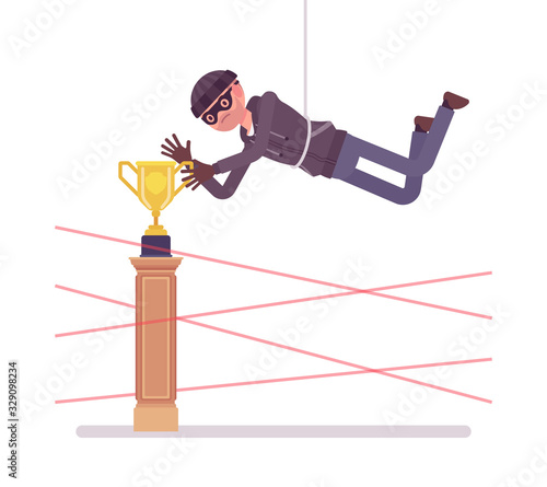 Thief hanging on a rope to steal laser protected art treasure. Smart masked man committing crime with exhibit in the museum, breaking security management system. Vector flat style cartoon illustration