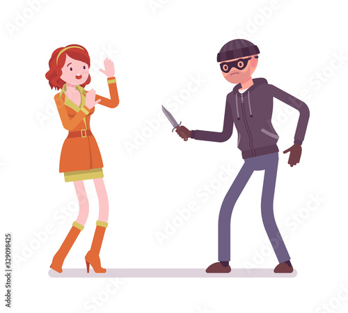 Masked man armed with knife attacking, threatening young girl. Male bandit, violent criminal commiting female street harassment for robbery, offense or assault. Vector flat style cartoon illustration