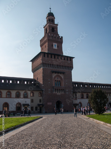 tower and walls of Castello Sforza, Milan, Lombardy, Italy