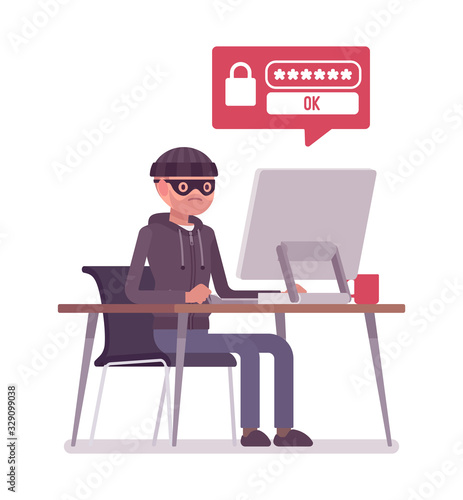 Hacker with computer trying to gain unauthorized access to data. Masked male criminal attacking private information, banking online, password security concept. Vector flat style cartoon illustration