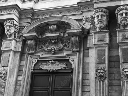 bas-reliefs and columns of Church of St. Raphael, Chiesa di S. Raffaello, black and white photo, Milan, Lombardy, Italy