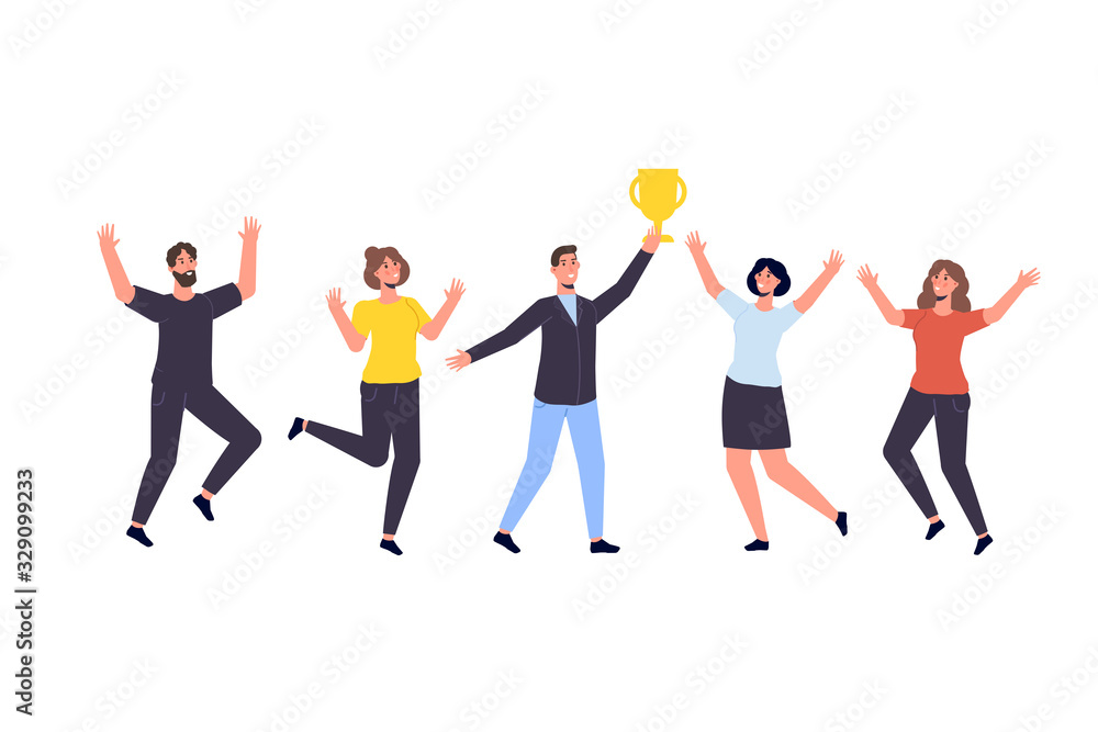 Effective time management. People completed business plan. Team rejoices task done illustration Effective time management. People completed business plan. Team rejoices task done illustration