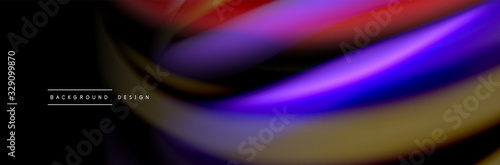 Silk and smooth flow wave poster design. Color waves, liquid style lines and shapes in black color background