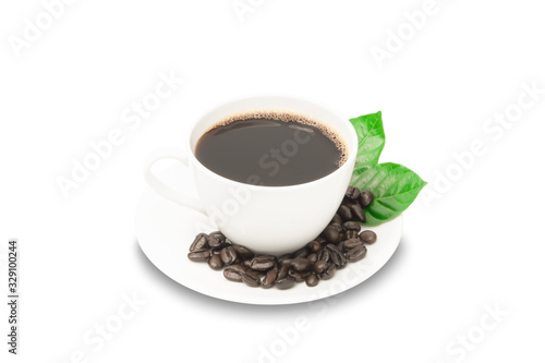 black coffee in white coffee cup isolated on white background decoration with roasted coffee beans and fresh green leaf