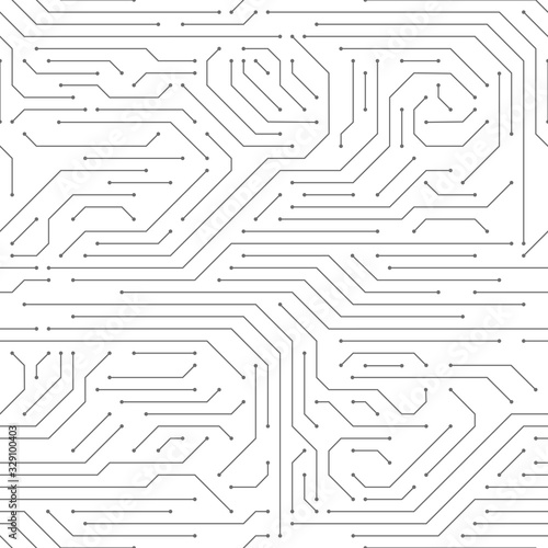 Circuit board seamless. High-tech technology electronic system pattern, digital network scheme monochrome printed wallpaper vector texture