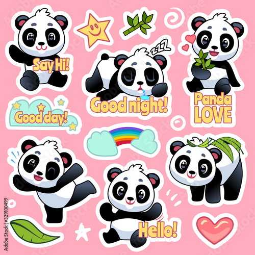 Cute panda stickers. Happy bears expression for emoji patches design, cool asian animals badges for kids vector pandas characters