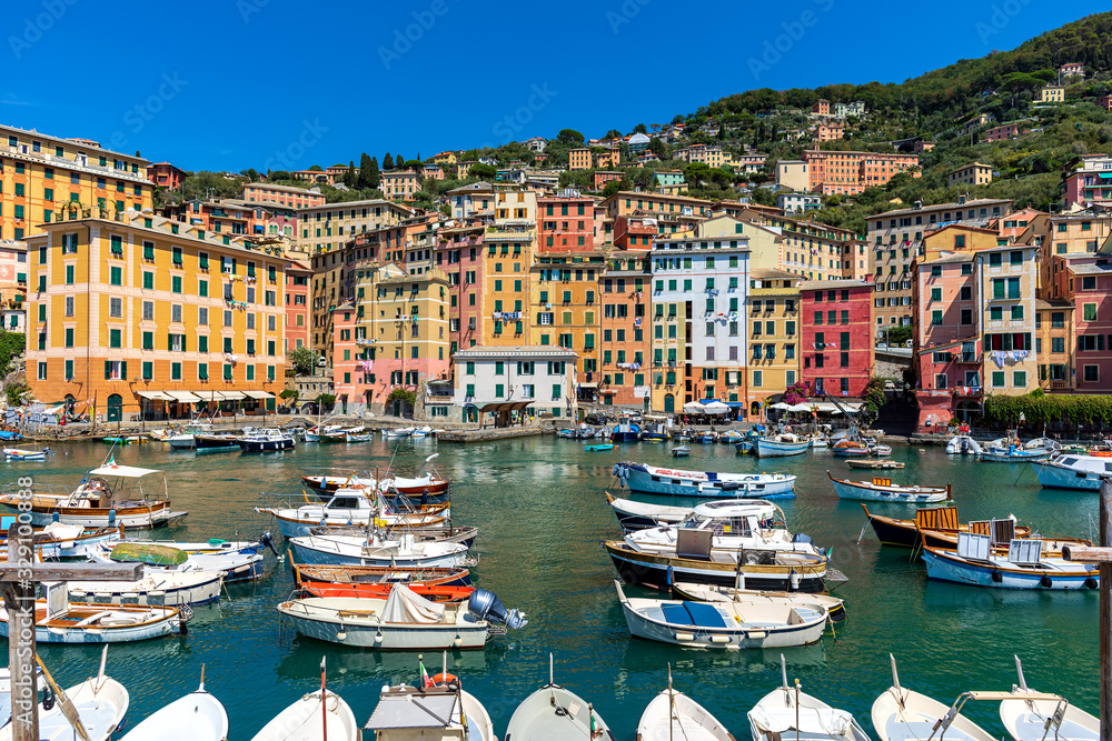 Boats in small harbour of Camogli, Italy.