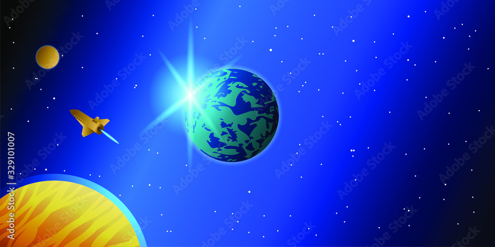 Space background: three planets and a flying spaceship. The light of the stars, the solar system. Vector illustration for a card, banner. Space background: three planets and a flying spaceship. The light of the stars, the solar system. Vector illustration for a card, banner.