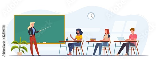 Students in audience. Young people listening lecture in university, college, teacher conducts seminar, classroom lesson vector education concept photo