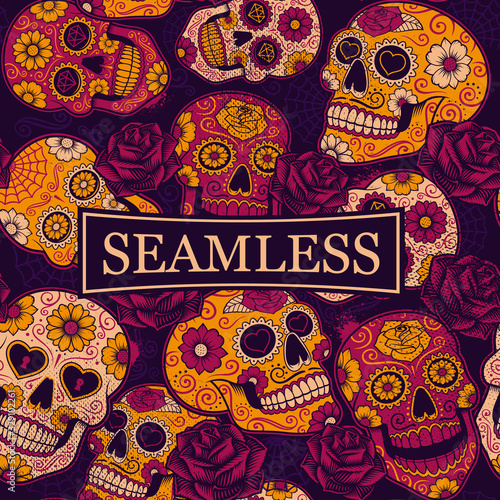 Mexican sugar skulls seamless pattern.
