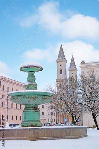 fountain in front of university building munich, LMU, in winter photo