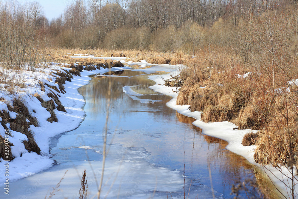 a stream in the forest in early spring. open water. a stream in the forest in early spring. open water.
