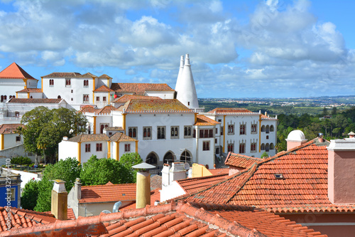 Sintra National Palace and old town rooftop view in Sintra, Portugal.