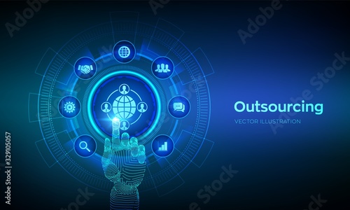 Outsourcing and HR. Social network and global recruitment. Global Recruitment Business and internet concept on virtual screen. Robotic hand touching digital interface. Vector illustration. photo