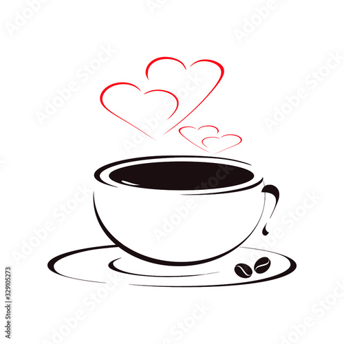 Cup of hot black coffee with heart-shaped smoke. Valentine Day or coffee lover concept