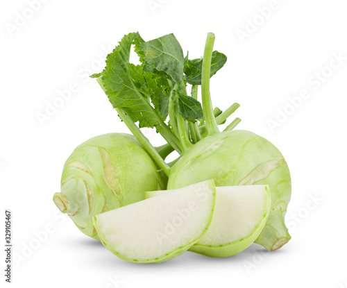 Obraz na płótnie Fresh kohlrabi with green leaves on isolated white backround