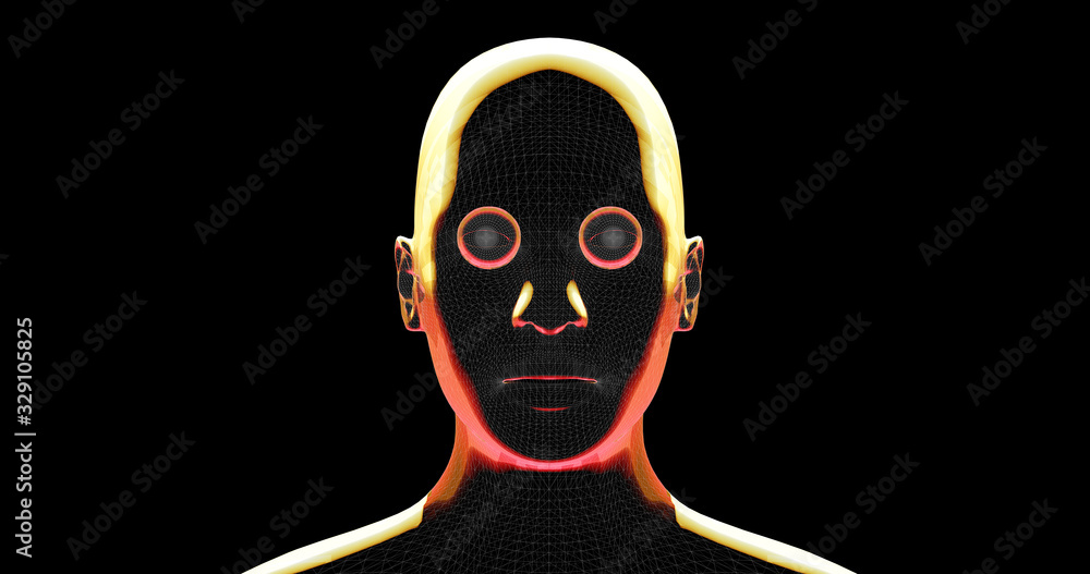 Selbstbewustsein ~ menschlicher Kopf, durchsichtig mit Linien, rot & gelb schimmerndes Gegenlicht Selbstbewustsein ~ menschlicher Kopf, durchsichtig mit Linien, rot & gelb schimmerndes Gegenlicht