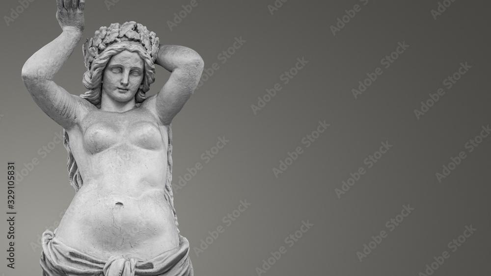 Obraz premium Banner with a portrait of young and naked sensual Roman Italian Renaissance Era woman statue with copy space for text and gradient grey background, details, closeup