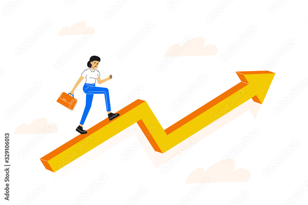 Business concept. Young business woman climbing up on an arrow to her goal. Career rise to success metaphor. Moving up motivation. Business growth analysis. Vector illustration. Business concept. Young business woman climbing up on an arrow to her goal. Career rise to success metaphor. Moving up motivation. Business growth analysis. Vector illustration.