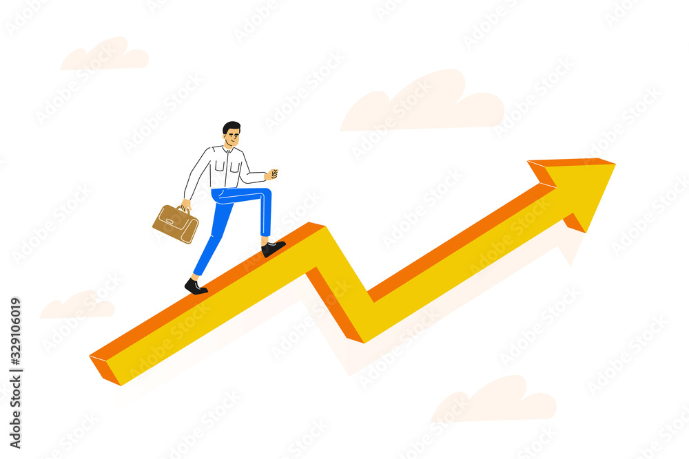 Business concept. Young business man climbing up on an arrow to his goal. Career rise to success metaphor. Moving up motivation. Business growth analysis. Vector illustration. Business concept. Young business man climbing up on an arrow to his goal. Career rise to success metaphor. Moving up motivation. Business growth analysis. Vector illustration.