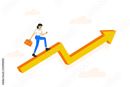 Business concept. Young business woman climbing up on an arrow to her goal. Career rise to success metaphor. Moving up motivation. Business growth analysis. Vector illustration.