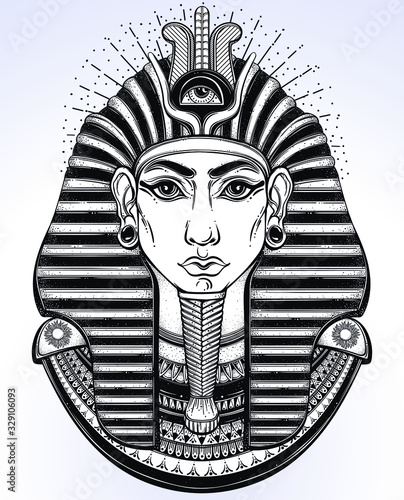 Hand-drawn vintage illustration of the ancient Egyptian Pharaoh's head. Tattoo art, graphic, t-shirt design, postcard, poster design, coloring books. Tutankhamen mask. Vector illustration.