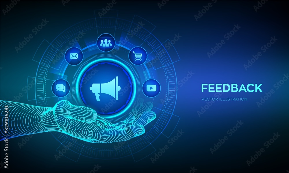 Feedback icon in robotic hand. Customer satisfaction concept on virtual screen. Quality Opinion. Rating service online. Review testimonials. Vector illustration.