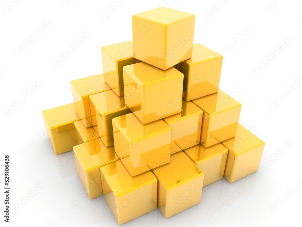 Pyramid of gold cubes on white Pyramid of gold cubes on white