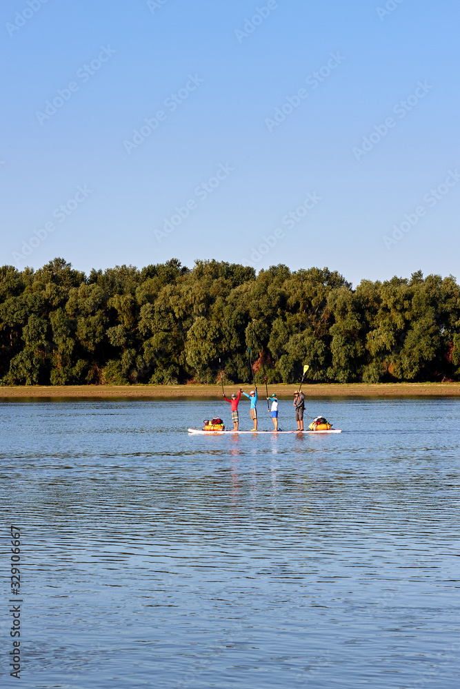 Four people-tourist row on a large stand up paddle board on the Danube river at summer