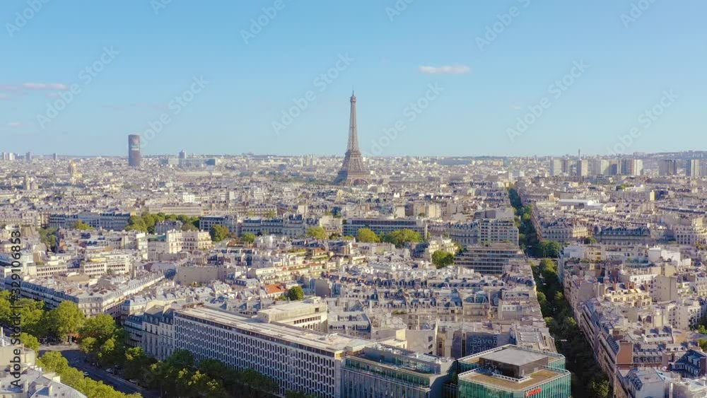 PARIS, FRANCE - MAY, 2019: Aerial drone view of historical city centre and Eiffel tower PARIS, FRANCE - MAY, 2019: Aerial drone view of historical city centre and Eiffel tower