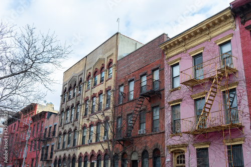 Row of Old Colorful Brick Residential Buildings in Williamsburg Brooklyn of New York City
