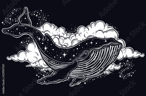 Beautiful hand-drawn artwork of whale with night sky in its back. Tattoo art, graphic, t-shirt design, postcard, poster design, coloring books,spirituality, occultism. Vector illustration. photo