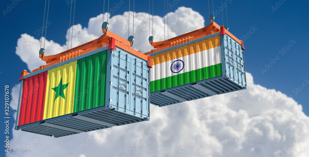 Shipping containers with India and Senegal flag. 3D Rendering 