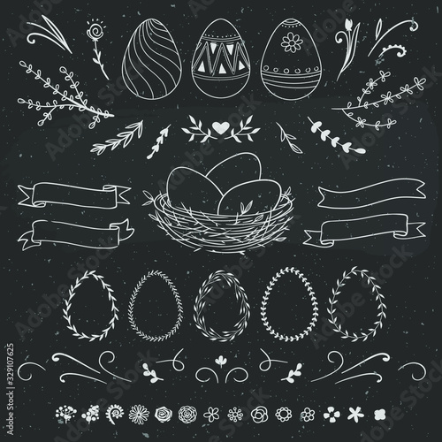 Easter set hand drawn on a chalkboard. Vector floral illustration with rustic natural elements for Easter decorations. Flowers, leaves, swirls, ribbons and egg-shaped floral frames on black background