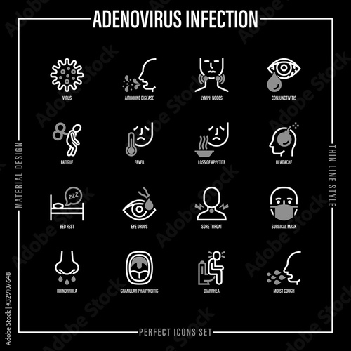 Adenovirus infection thin line icons set. Airborne disease, lymph nodes, fever, headache, runny nose, pharyngitis, moist cough, surgical mask, sore throat. Vector illustration of coronavirus symptoms