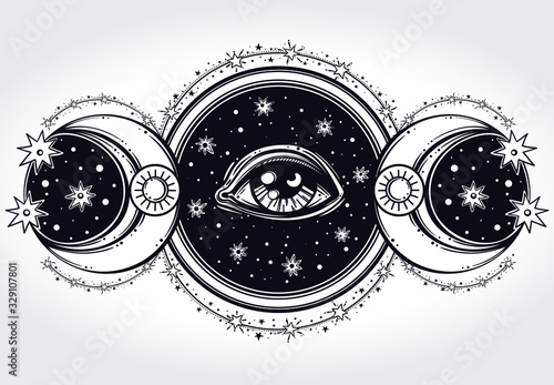 Hand-drawn All-seeing eye is on the circle with two moons and a starninght sky. Religion philosophy, spirituality, occultism, chemistry, science, magic.Isolated vector illustration.