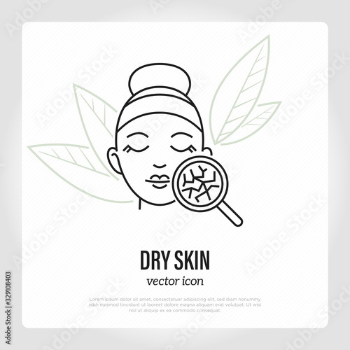 Dry skin symbol. Thin line icon: girl cracked skin under magnifying glass. Skin care, moisturizer or cream for dehydrated skin. Vector illustration.