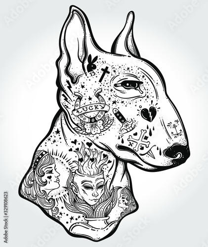 Foto Bull terrier's portrait made in an old-stylized tattoo