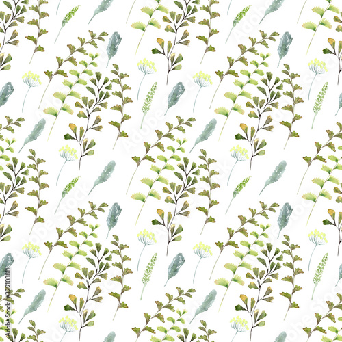 Watercolor seamless pattern with spring flowers and different decorative leaves