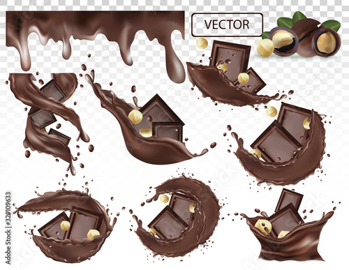 Chocolate splash with nuts macadamia. Piece chocolate with drops on transparent background. Chocolate paste. Cocoa. Chocolate bar. Set realistic vector illustration.