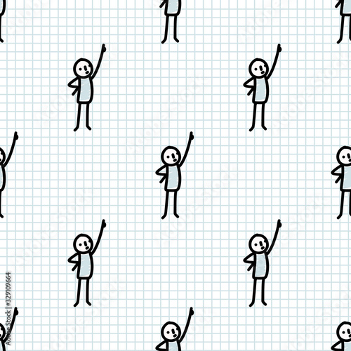 Seamless pattern of hand drawn doodle stick figure pointing up. Scribble person arm raised drawing background. Concept of lecture, explanation or talk. Simple vector stickman on notebook grid paper.