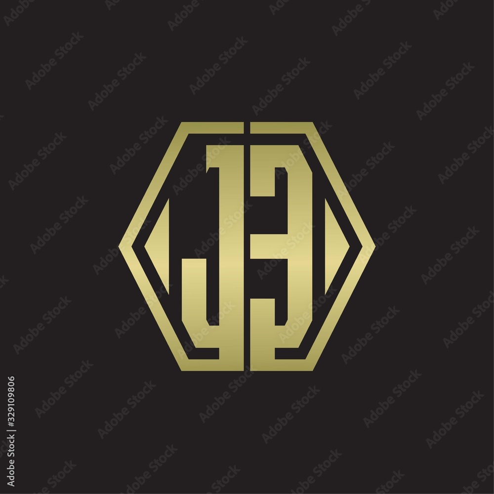 JE Logo monogram with hexagon line rounded design template with gold colors JE Logo monogram with hexagon line rounded design template with gold colors