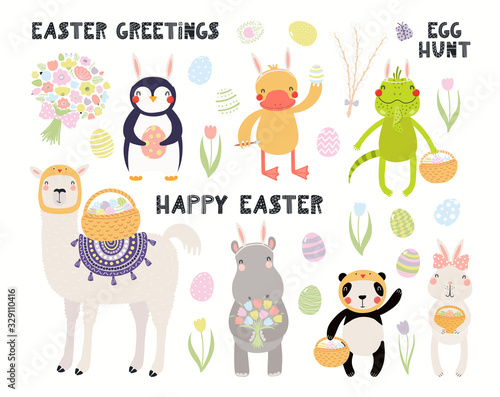 Big Easter set with cute animals, eggs, flowers, quotes. Isolated objects on white background. Hand drawn vector illustration. Scandinavian style flat design. Concept kids holiday print, card, invite.