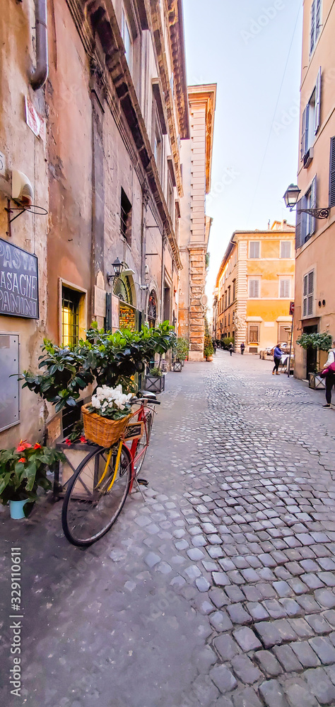 Fototapeta ROME, ITALY - February 7, 2020: The cobbled streets. Old street in Rome, Italy. street view. Architecture and landmark of Rome